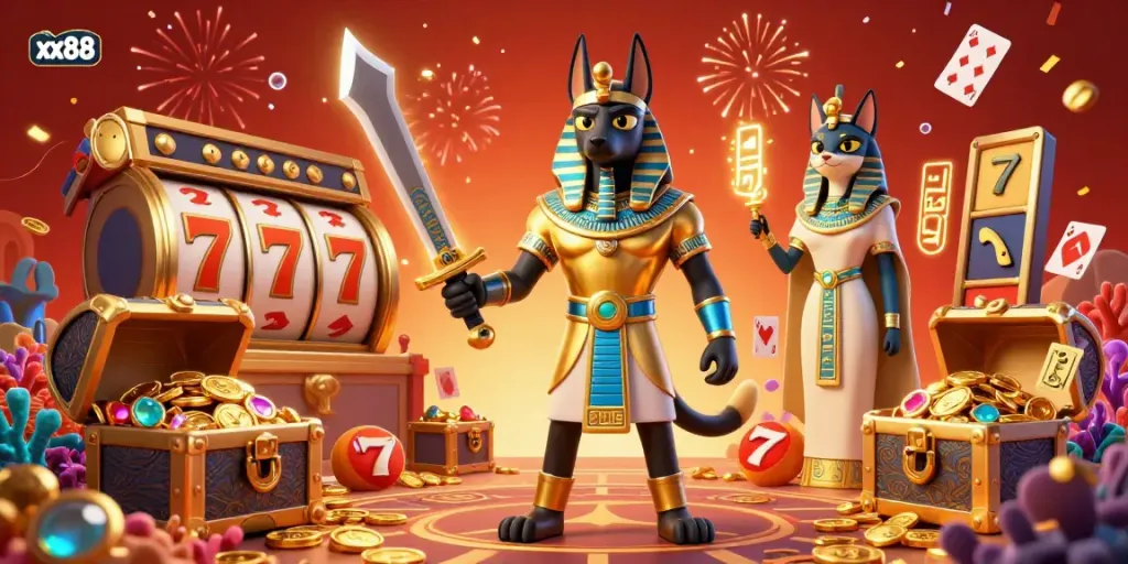 Engage with the vibrant gaming scene at xx88, featuring Anubis and Bastet among rich symbols of fortune.