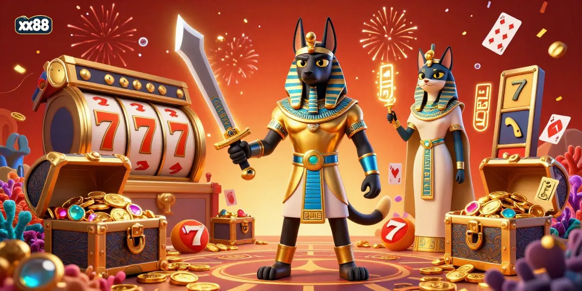 Engage with the vibrant gaming scene at xx88, featuring Anubis and Bastet among rich symbols of fortune.