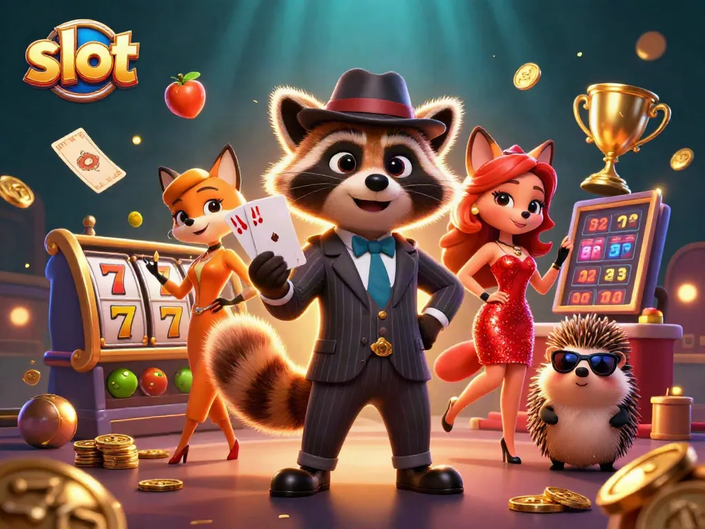 Spin the slot reels for a jackpot with a suave raccoon, stylish fox, and bouncer hedgehog at a lively casino scene.