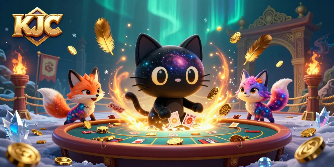 KJC attracts players to a cosmic casino with its whimsical black hole cat and nebula fox, surrounded by vibrant elements.