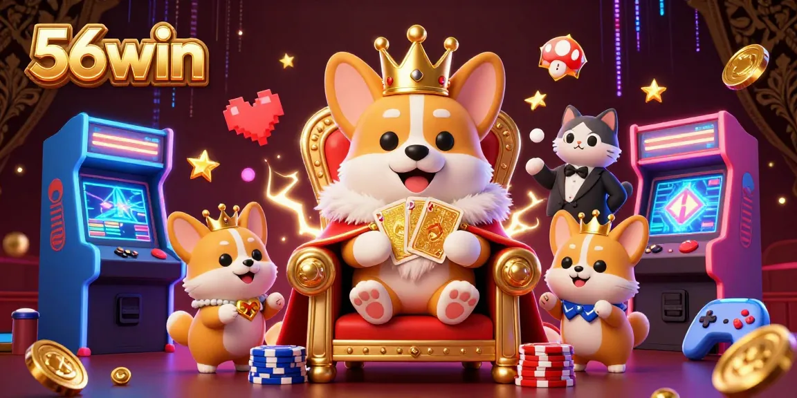 Experience the excitement of 56win with a royal corgi on a poker chip throne amidst vibrant gaming elements.