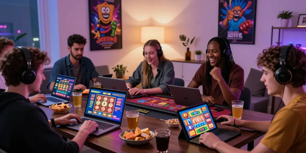 Engaged UK players exploring US casinos for UK players in a lively home setting.
