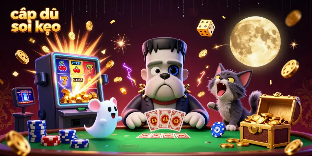 Experience cập nhật soi kèo with a vibrant cartoon scene featuring a bulldog dealer, ghost mouse, and werewolf kitten.
