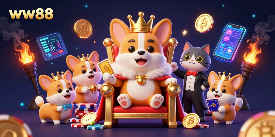 Win big at ww88 with a vibrant 3D illustration of a royal corgi and a cat butler in a casino setting.