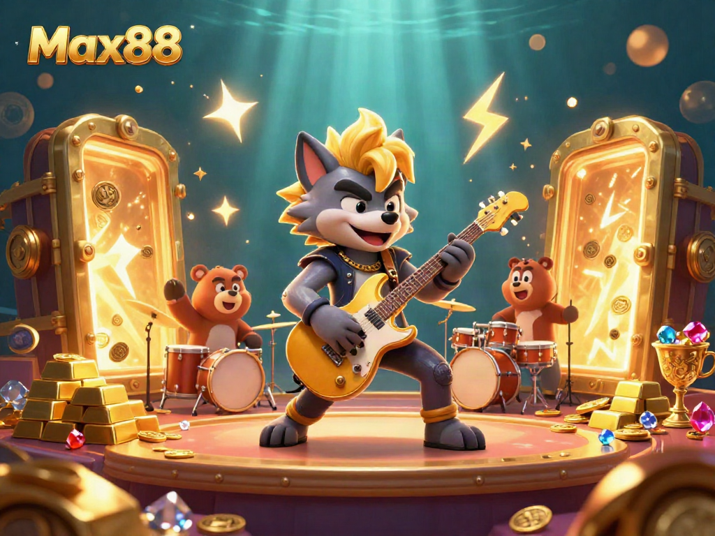 Max88 showcases a thrilling casino scene with a rock star wolf playing guitar and a bear drummer amid treasure.