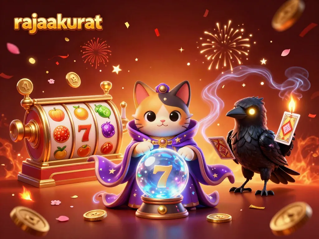 Gambar casino online rajaakurat dengan simbol slot dan pencahayaan magis.