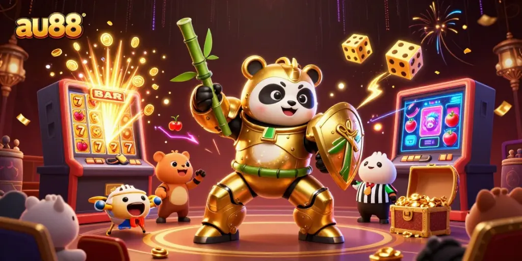 Experience the excitement of au88 with a dynamic casino battle scene featuring a golden panda mech in an arena.