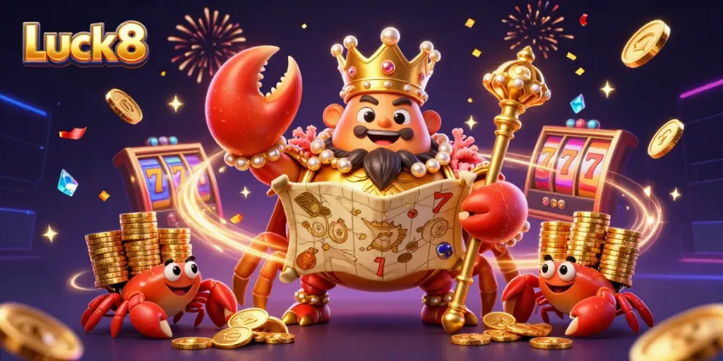 Engage with Luck8's vivid gambling experience featuring a golden crab emperor, gold coins, and dynamic slot machine reels.