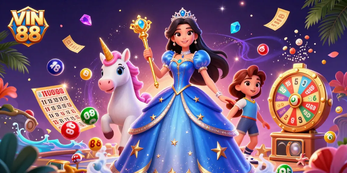 Experience excitement with VIN 88 through a vibrant 3D casino scene filled with lively game elements.