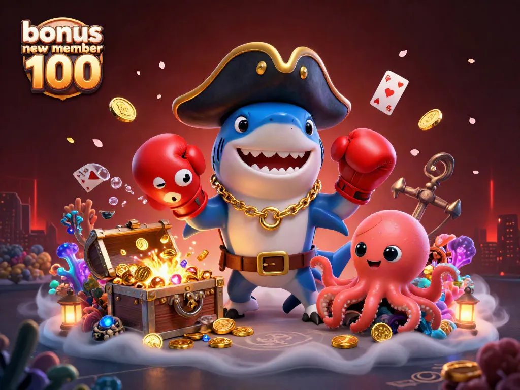Engaging scene depicting a pirate shark, a pufferfish, and an octopus celebrating with gold coins amidst a vibrant casino environment featuring bonus new member 100.