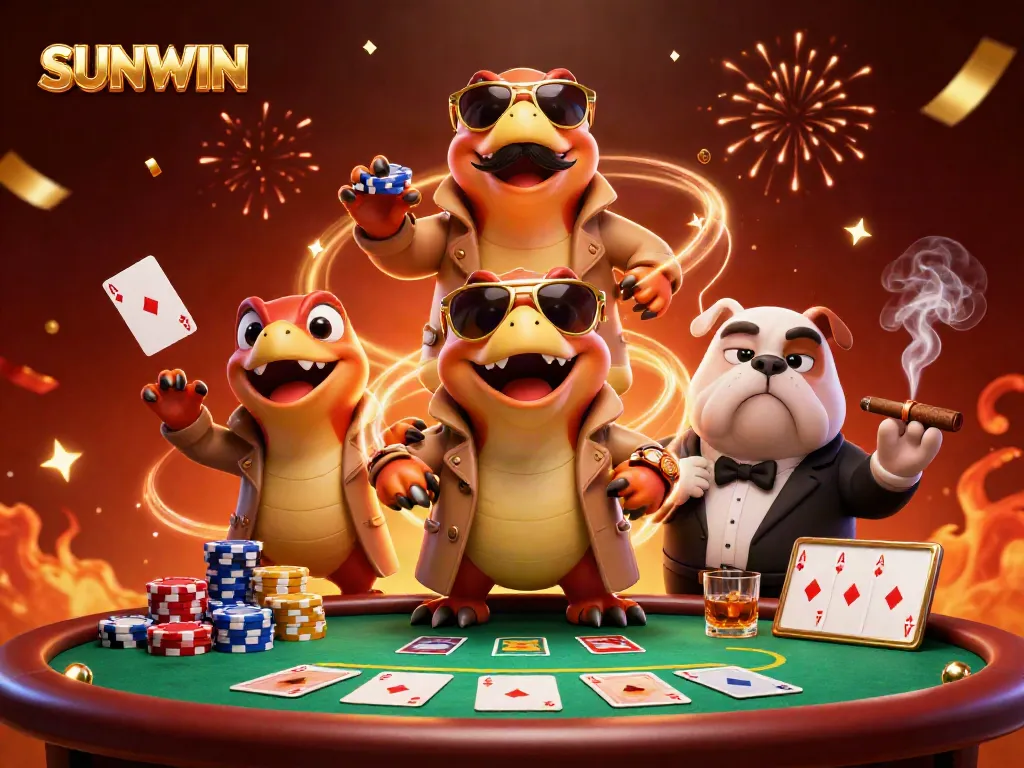 SUNWIN captures three raptors in disguise entering a VIP casino, showcasing poker excitement and dynamic energy.