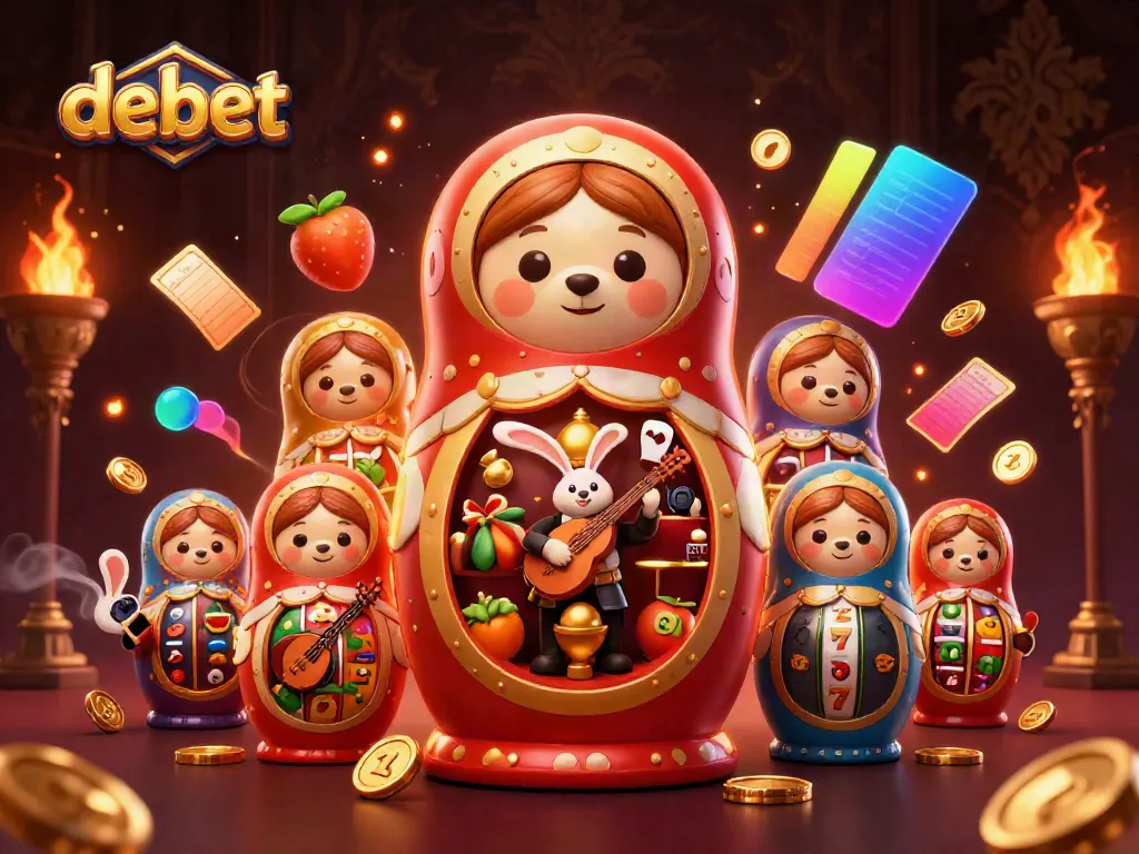 Experience high-stakes excitement with DEBET's colorful casino scene featuring dynamic slot reels and cheerful characters