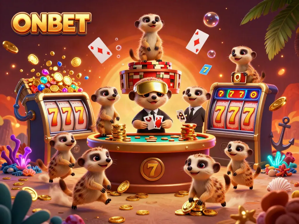 Engage with the lively ONBET casino scene featuring meerkats as dealers and a pit boss.