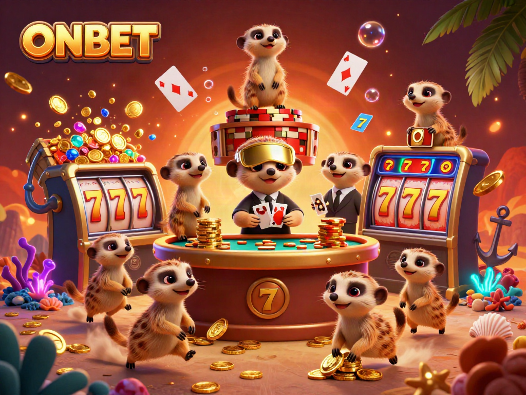 Engage with the lively ONBET casino scene featuring meerkats as dealers and a pit boss.