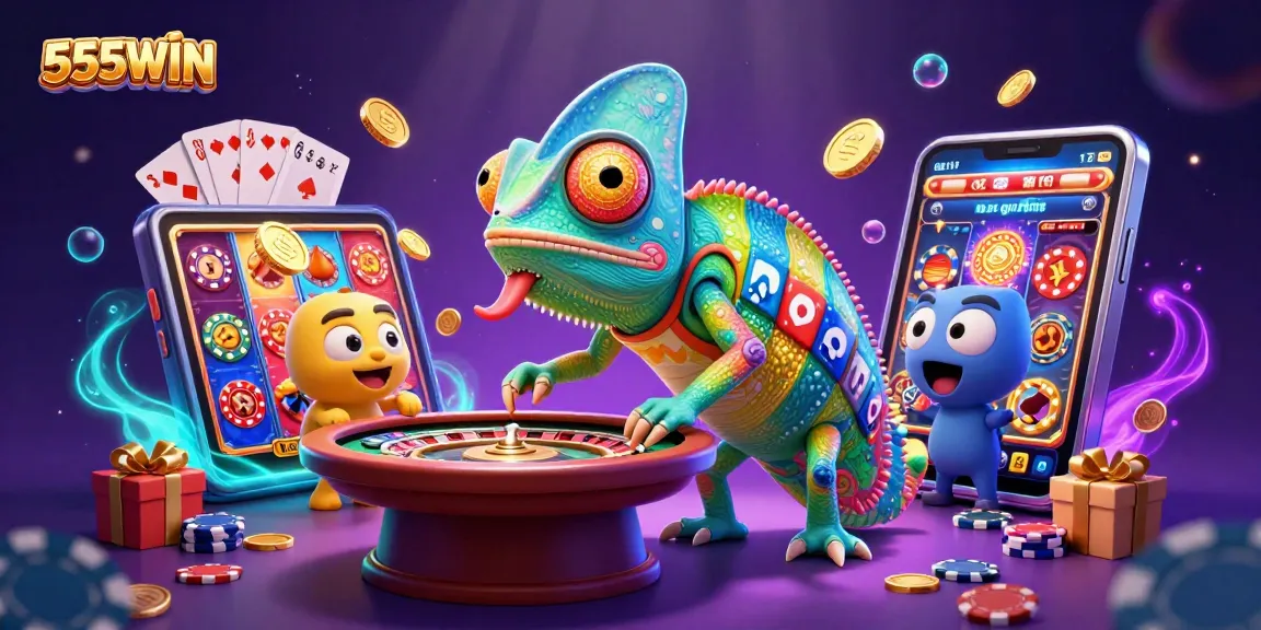 Experience thrilling wins with 555WIN while the vibrant chameleon manages a diverse casino.