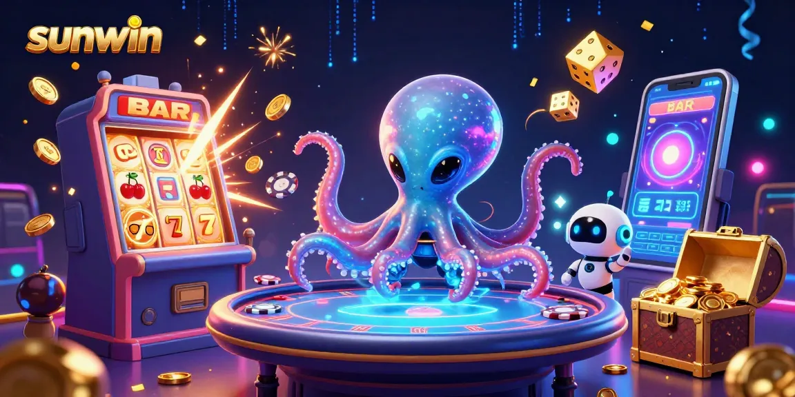 Spin the colorful reels with sunwin's energetic alien octopus at a holographic poker table.