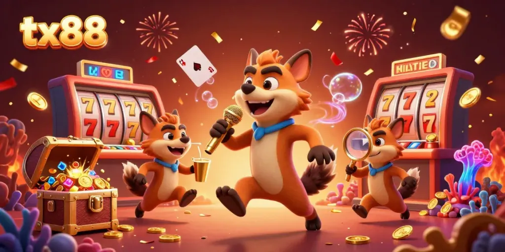Hyenas in comedy casino club featuring tx88 elements, showcasing vivid games and vibrant atmosphere.