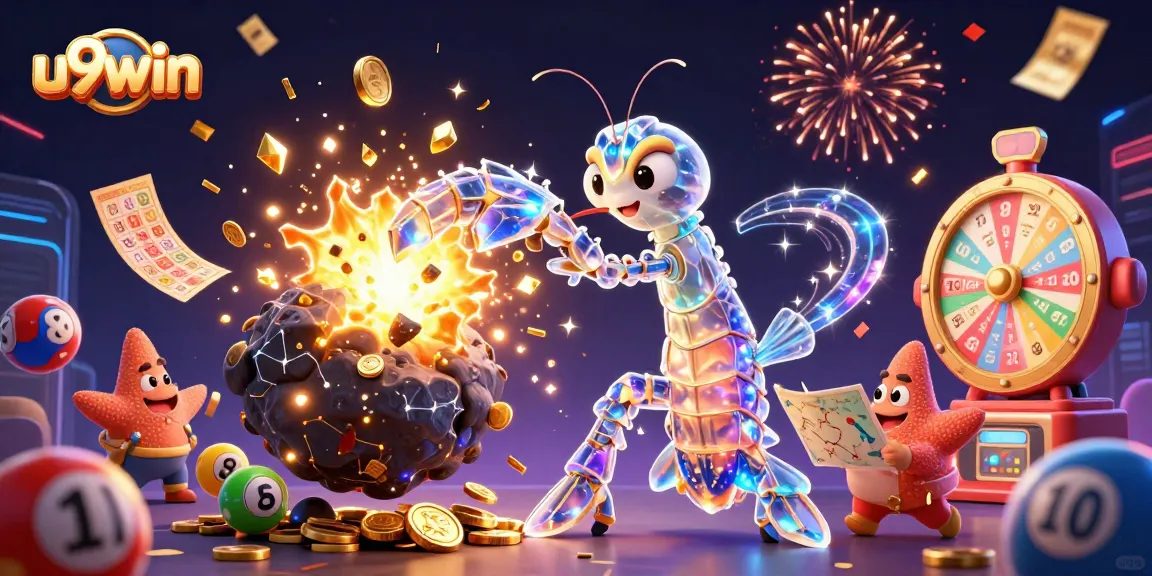 Engage in u9win gaming excitement with vibrant characters amidst a casino-themed explosion of gems and prizes.