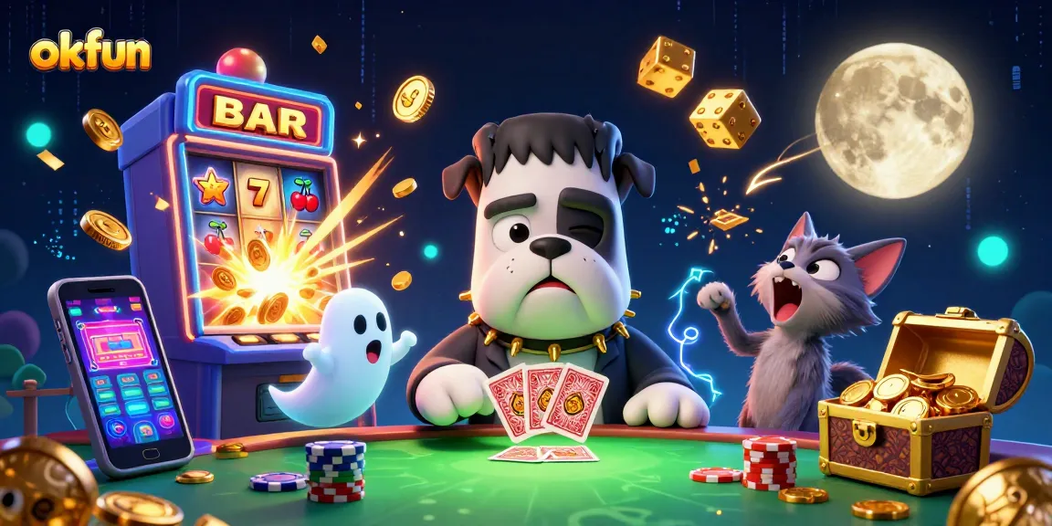 Experience exciting gaming at okfun with a 3D cartoon Frankenstein bulldog dealer amidst vibrant slots and gaming elements.