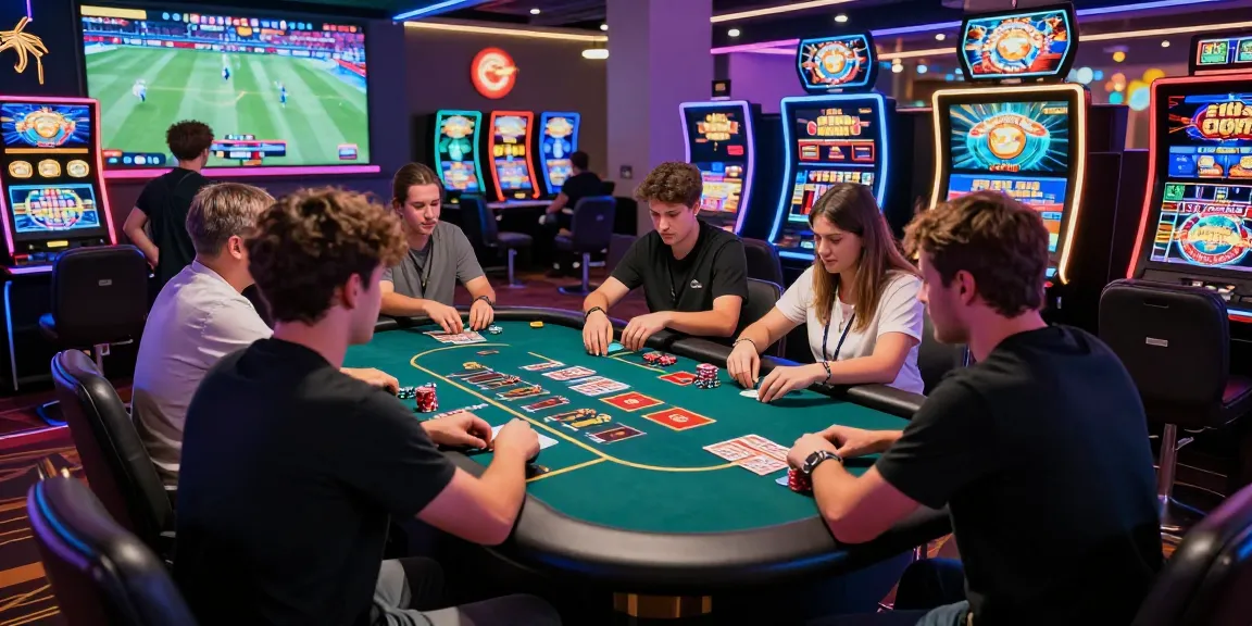 Exciting players engaging in casino games on F168 COM with neon lights and sports screens.