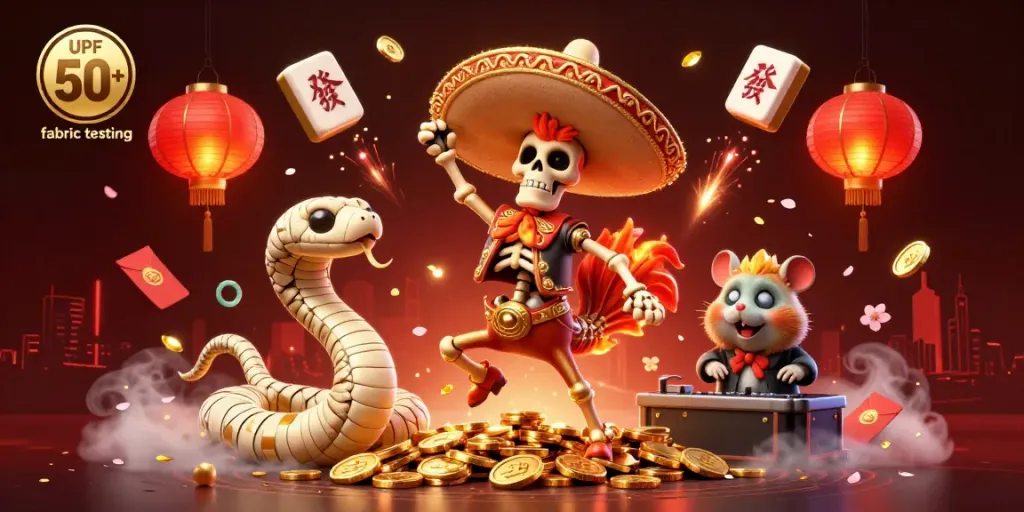 Engaging scene of UPF 50+ fabric testing with lively characters and dynamic casino elements.