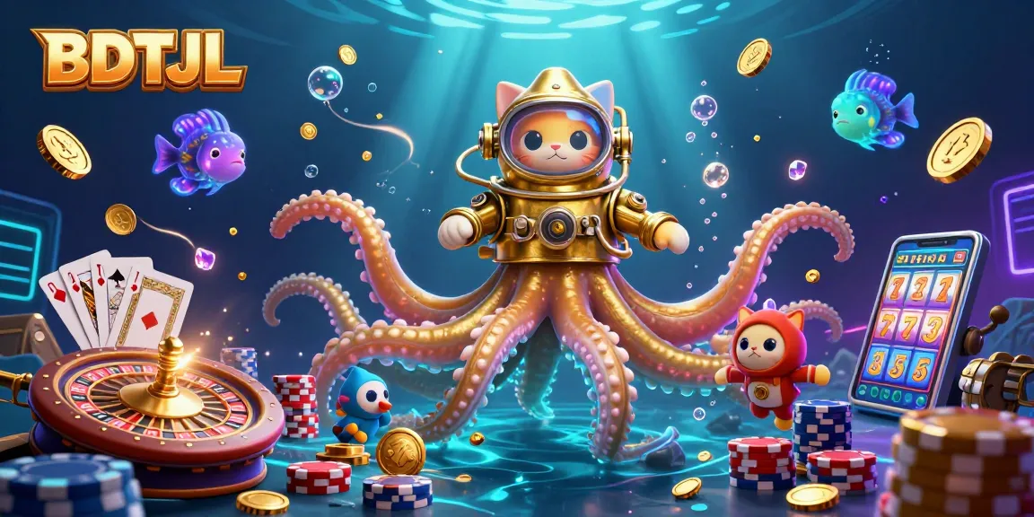 BDTJL jackpot excitement illustrated by a colossal kraken, diving cat, and treasure amidst casino elements.