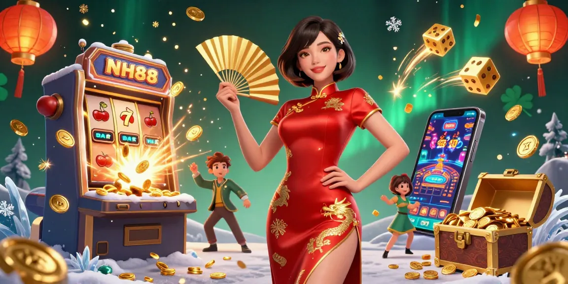 Experience the thrill of NH88 casino games with a vibrant illustration of jackpots and gold coins.