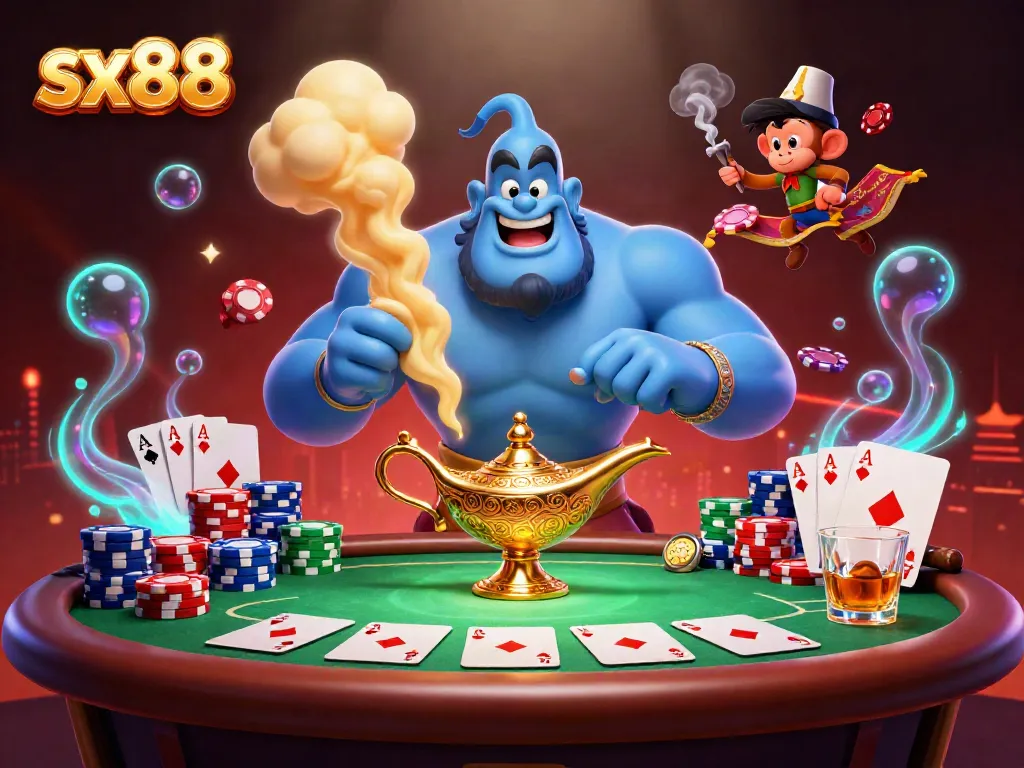Experience excitement and win with sx88 in a vibrant casino scene featuring poker elements and a genie.