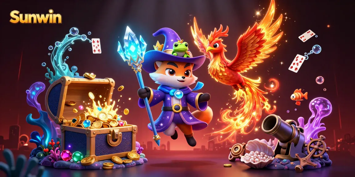 Experience thrill with Sunwin's enchanting casino games in a vivid illustrated scene.