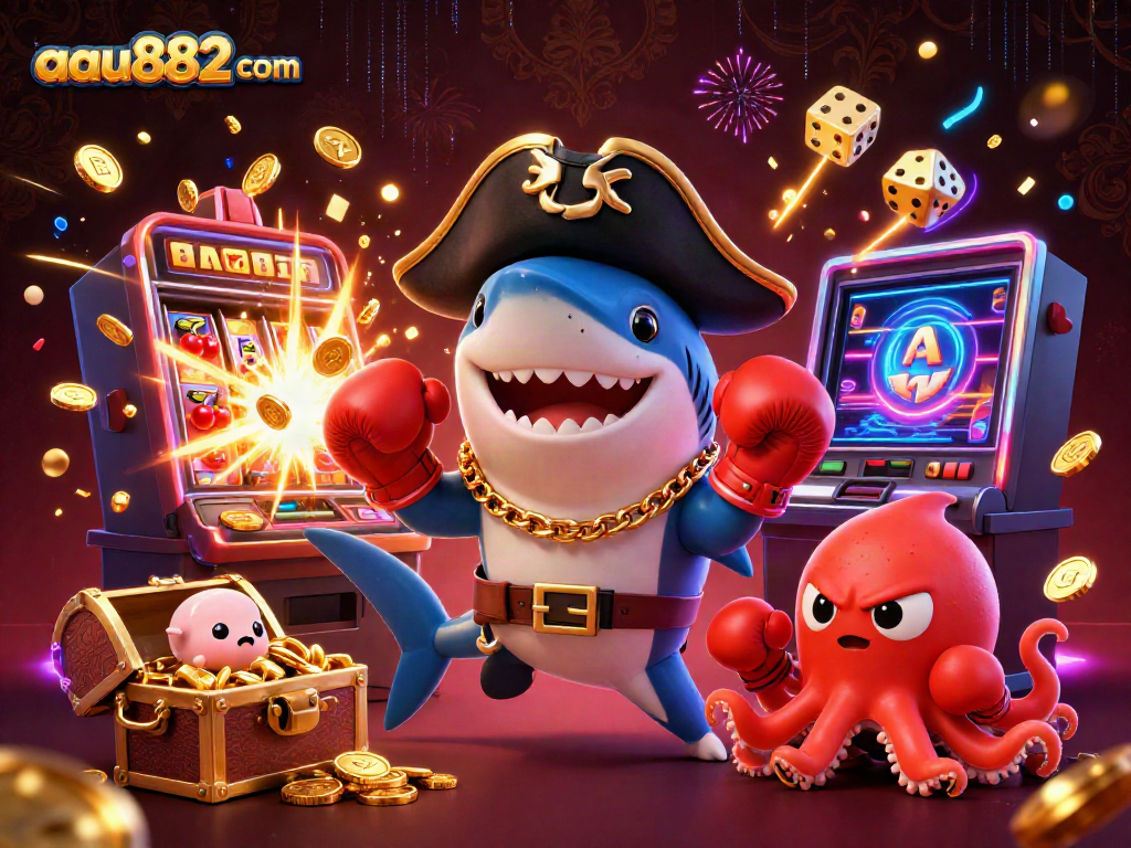 Engage with exciting gameplay at aau882 com featuring vibrant casino characters, slot machines, and gold coins.