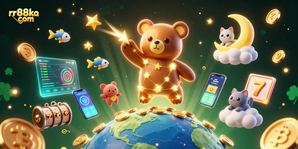 Experience thrilling gameplay at rr88ka com with a vibrant assembly of golden stars and 3D casino elements.