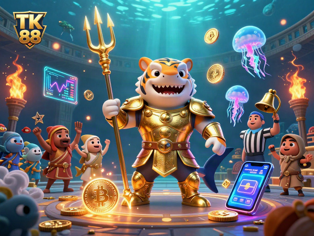Engage in thrilling gameplay with TK 88, featuring a 3D tiger shark in a casino showdown.