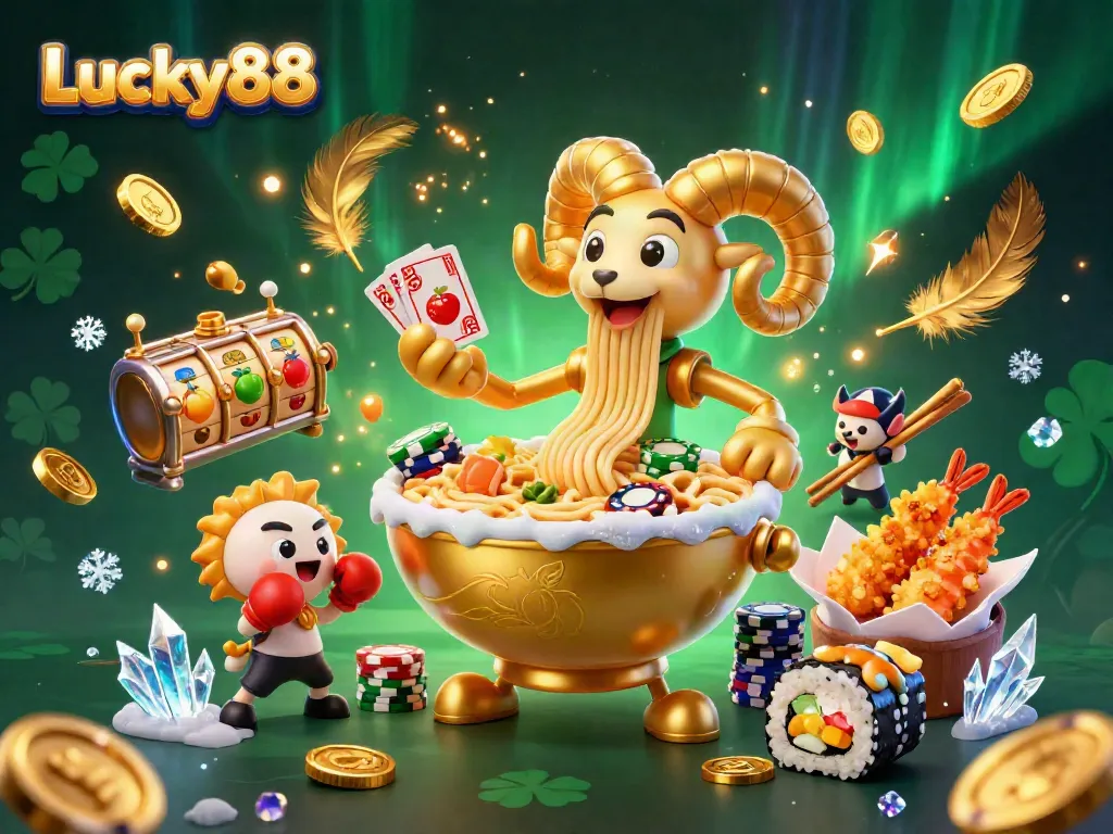 Experience the vibrant animations of Lucky88 with a golden ramen bowl dealing cards in a lively casino setting.