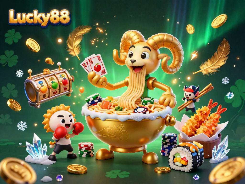 Experience the vibrant animations of Lucky88 with a golden ramen bowl dealing cards in a lively casino setting.