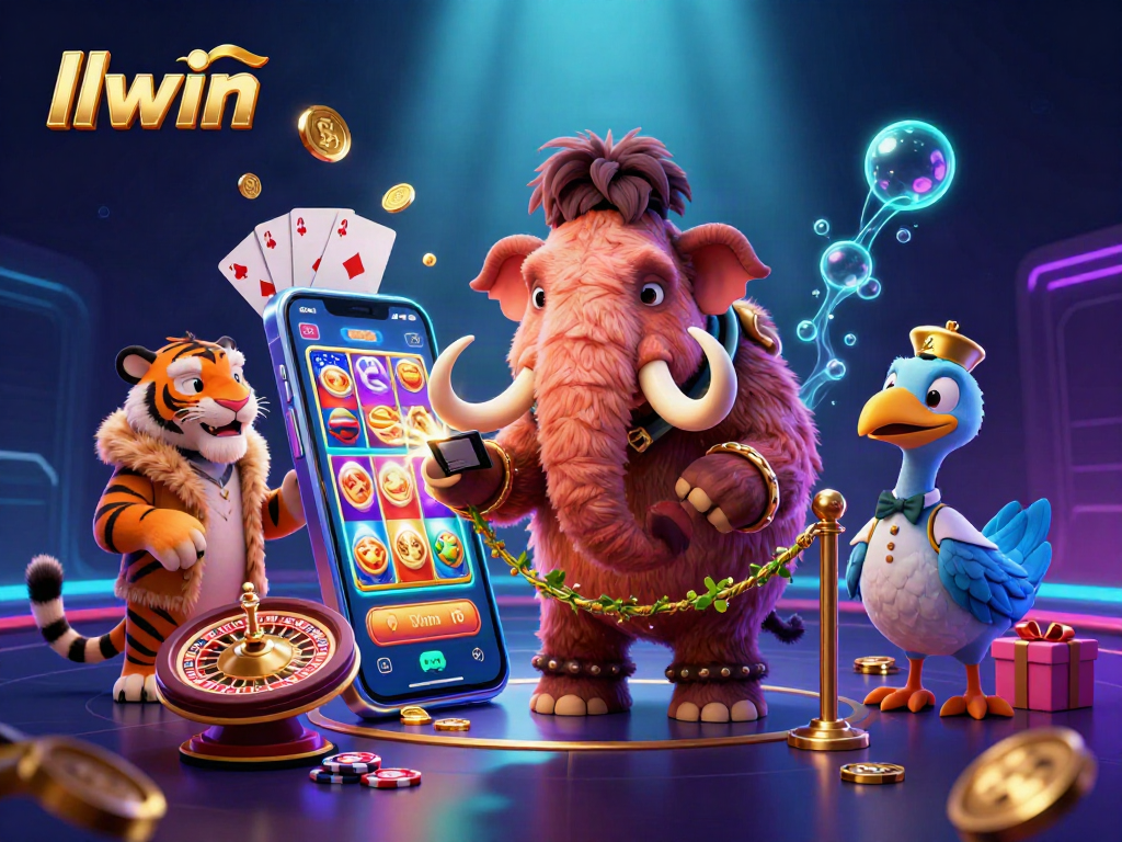 Engage with llwin's vibrant 3D casino scene featuring characters celebrating gaming wins and action.