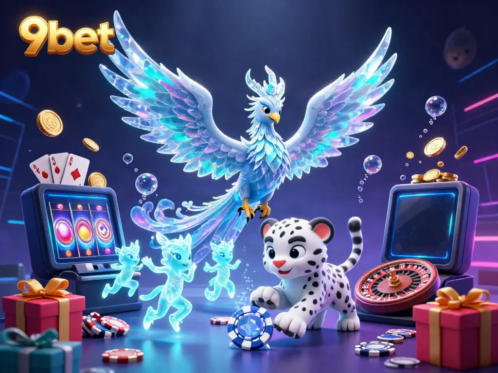 Engage with the vibrant world of 9bet through a dynamic, ice-themed casino scene filled with game elements.