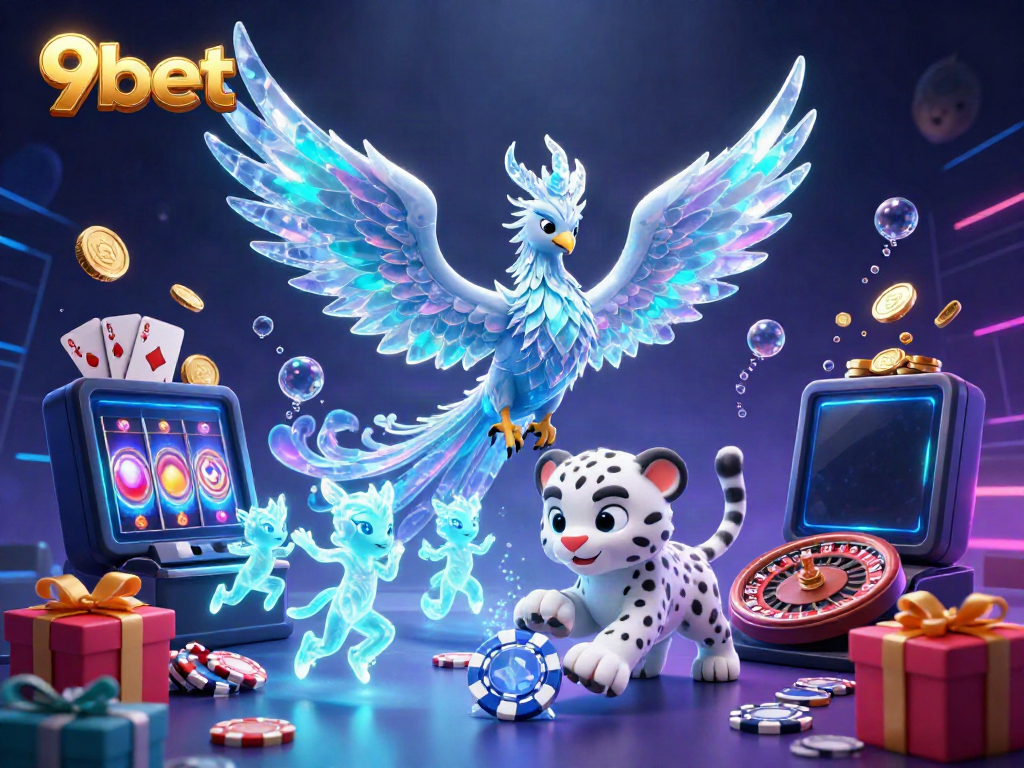 Engage with the vibrant world of 9bet through a dynamic, ice-themed casino scene filled with game elements.