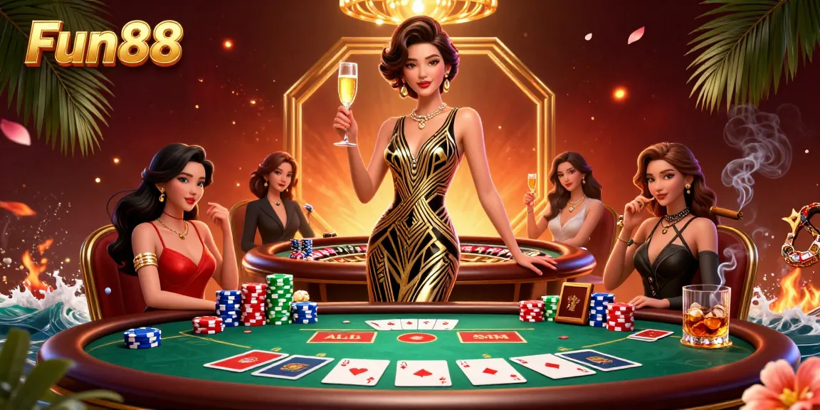 Experience the excitement of Fun88 with a glamorous Asian woman celebrating at a high-stakes poker table.