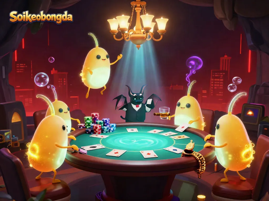 Experience Soikeobongda in a vibrant cave casino with glowing glowworms, poker action, and bioluminescent effects.