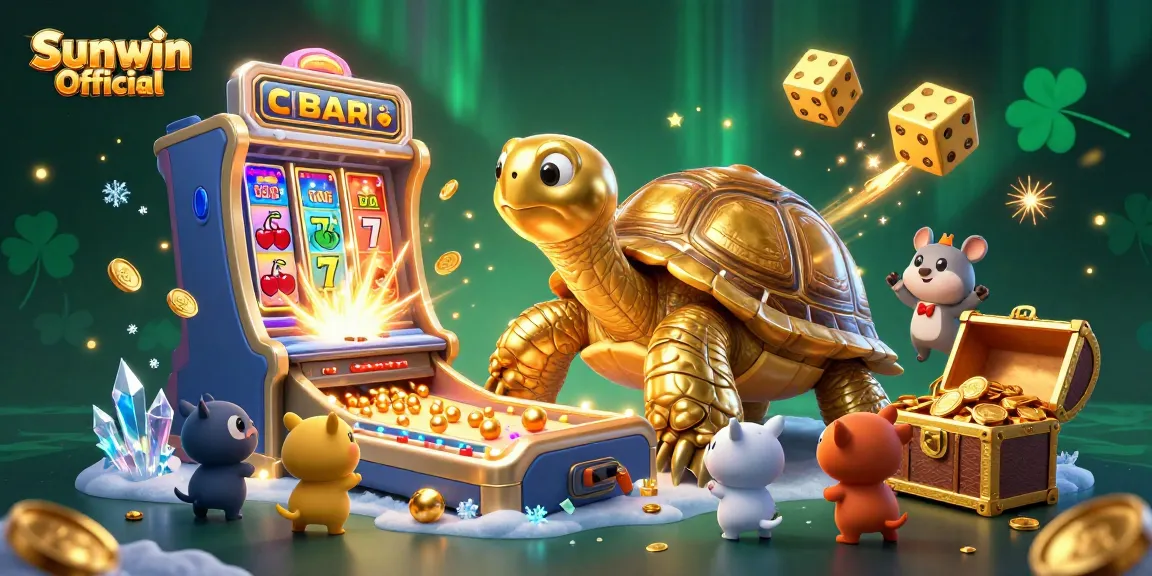 Engaging scene featuring Sunwin Official with cartoon tortoise pinball machine and lively casino elements.