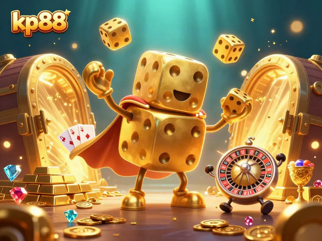 Engage with kp88 as golden dice come alive in a thriving casino with treasure bursting out.