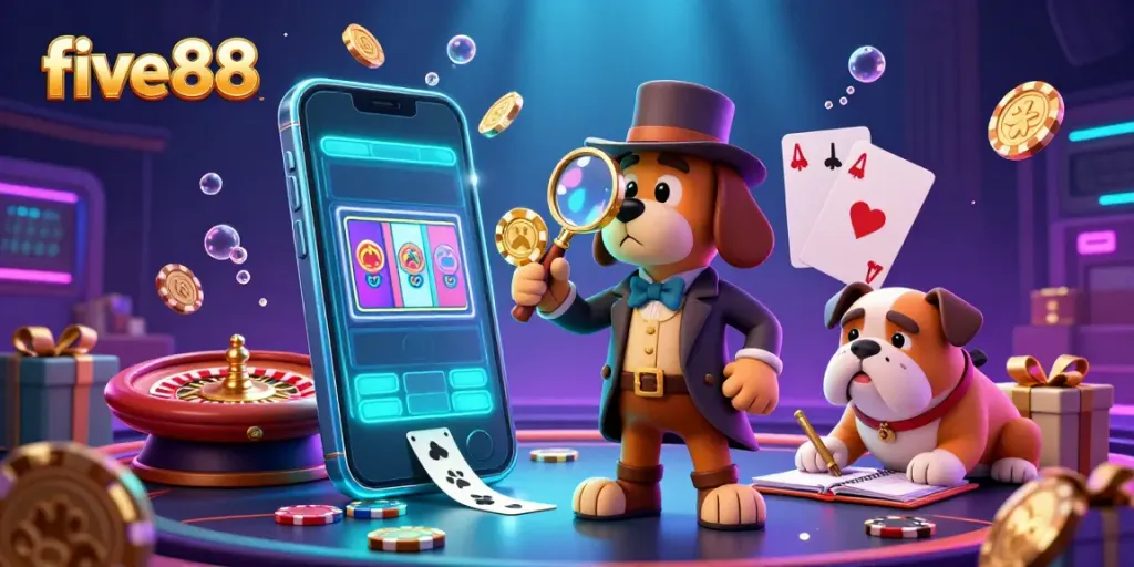 Engage in the exhilarating five88 casino scene with clues leading to poker chips, slot games, and vibrant action.