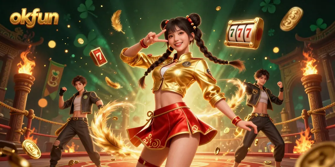 Spin and win with okfun's vibrant slot games showcased in an energetic 3D casino scene