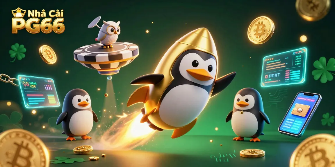 Engage with Nhà cái PG66 through an exciting casino space adventure featuring a penguin and coins.