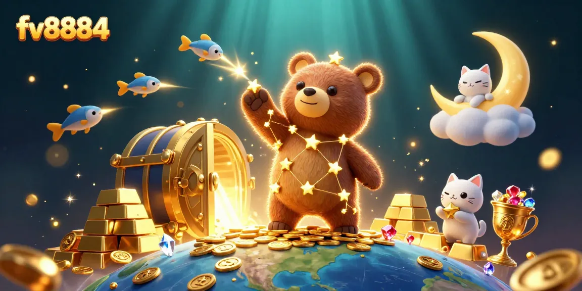 Engage with exhilarating casino winnings at fv8884, featuring golden treasures and enchanting characters in a vibrant atmosphere.