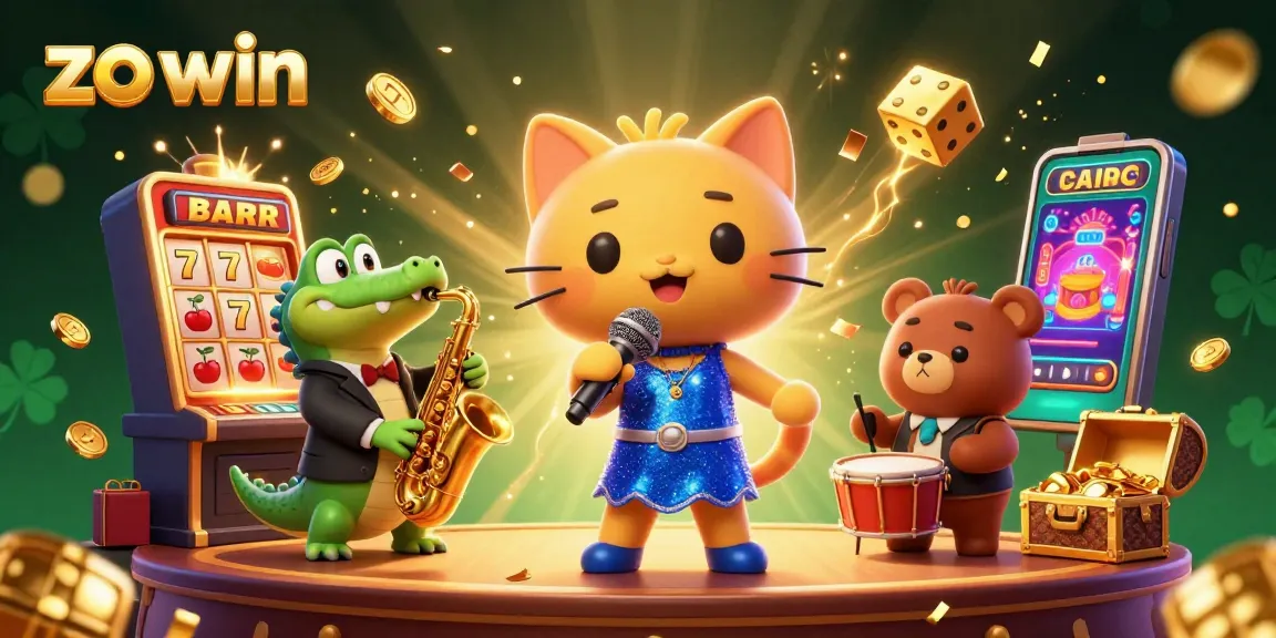 The vibrant zo win casino scene features a lively jazz-singer cat, saxophone-playing crocodile, and drum-playing bear cub amidst a dynamic composition of slot machines, dice, and games.