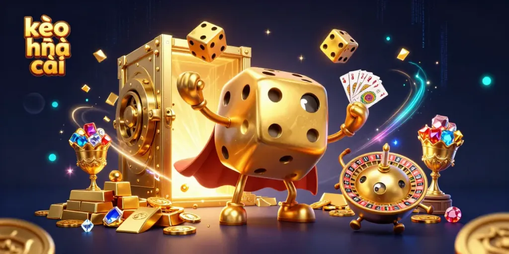 Experience the excitement of kèo nhà cái with a vibrant 3D illustration showcasing golden dice and casino elements.