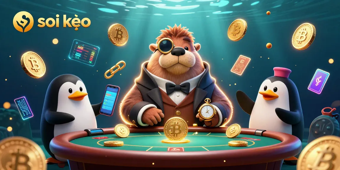 Soi kèo at an underwater poker table featuring a walrus and dealer characters amidst vibrant gambling elements