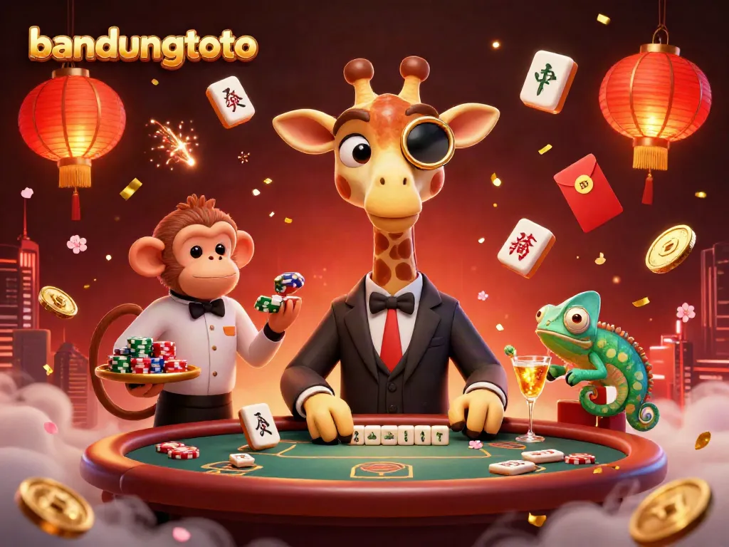 Experience thrilling gambling fun at bandungtoto with a high-roller giraffe, poker table, and vibrant decorations.