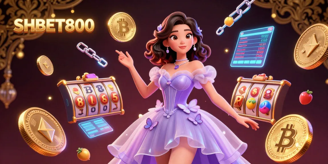 Engage in exciting slots at SHBET800 featuring a stunning character surrounded by glowing crypto coins.